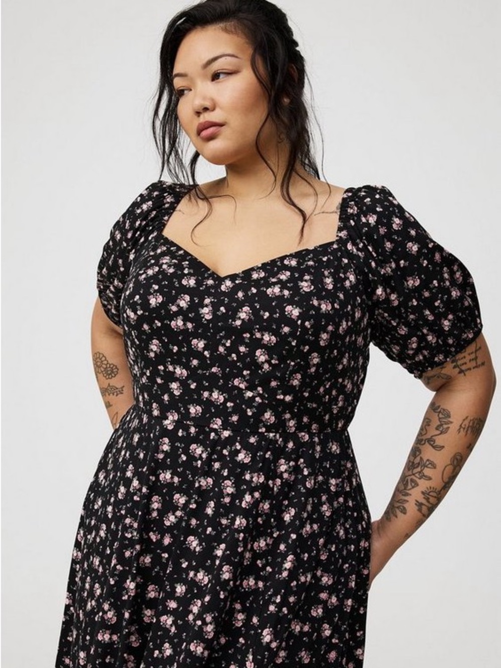 torrid Black Midi Dress with Pink Floral Print and Puff Sleeves
